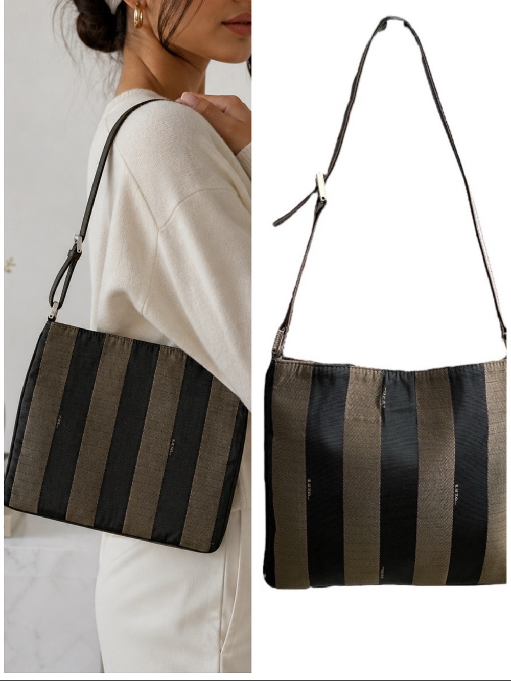 FENDI Vintage Pequin Stripe Crossbody Bag Tobacco Brown Canvas Leather Authentic